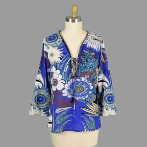 ALBERTO MAKALI FLORAL PRINT BEADED LACE UP BLOUSE
